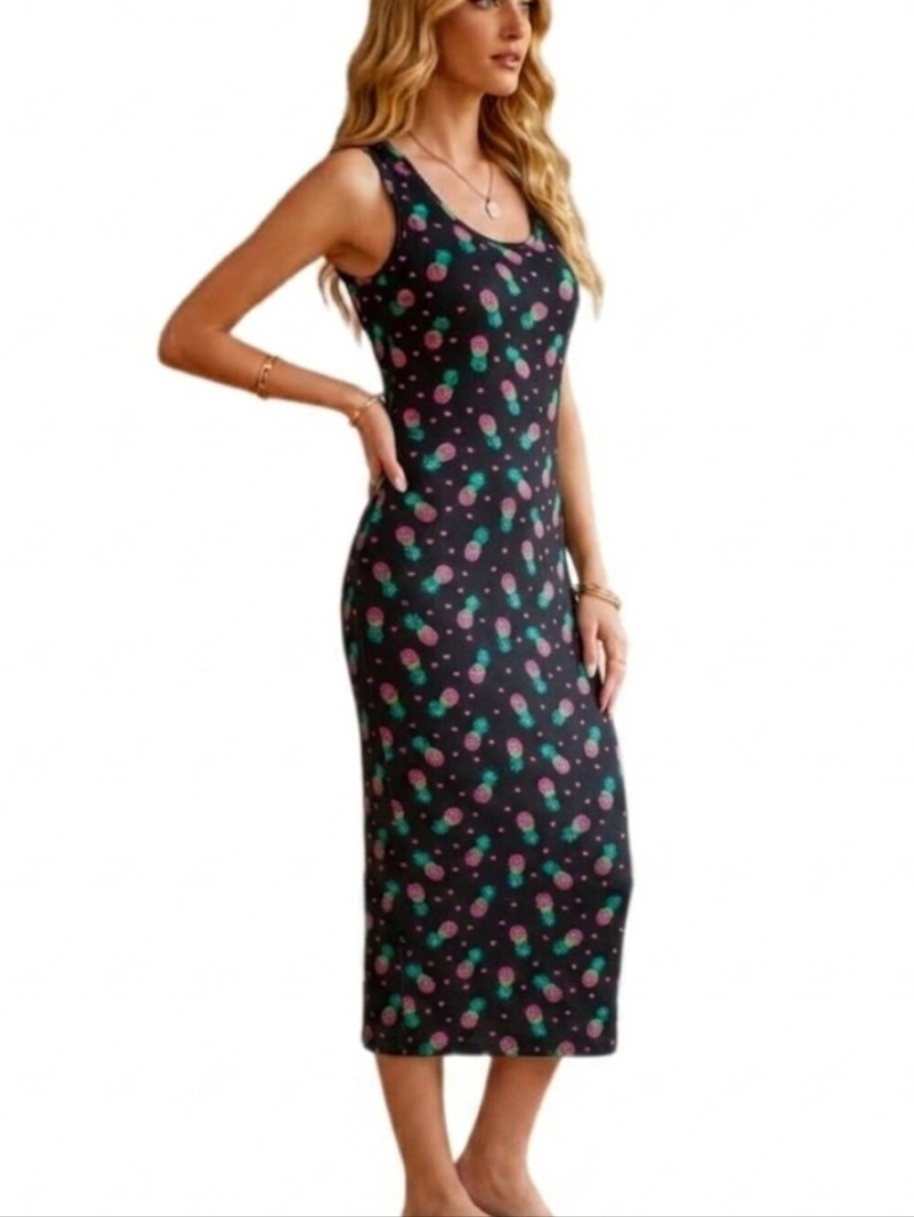 Dress Pineapples & Hearts Midi Black Pink Size S